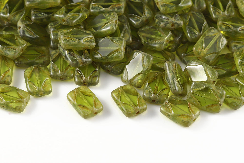 Window Rectangle 12×8mm Olivine Travertin 1-Hole Czech Beads