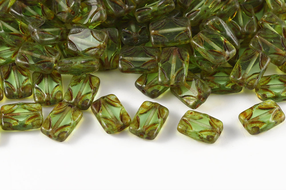 Window Rectangle 12×8mm Peridot Travertin 1-Hole Czech Beads