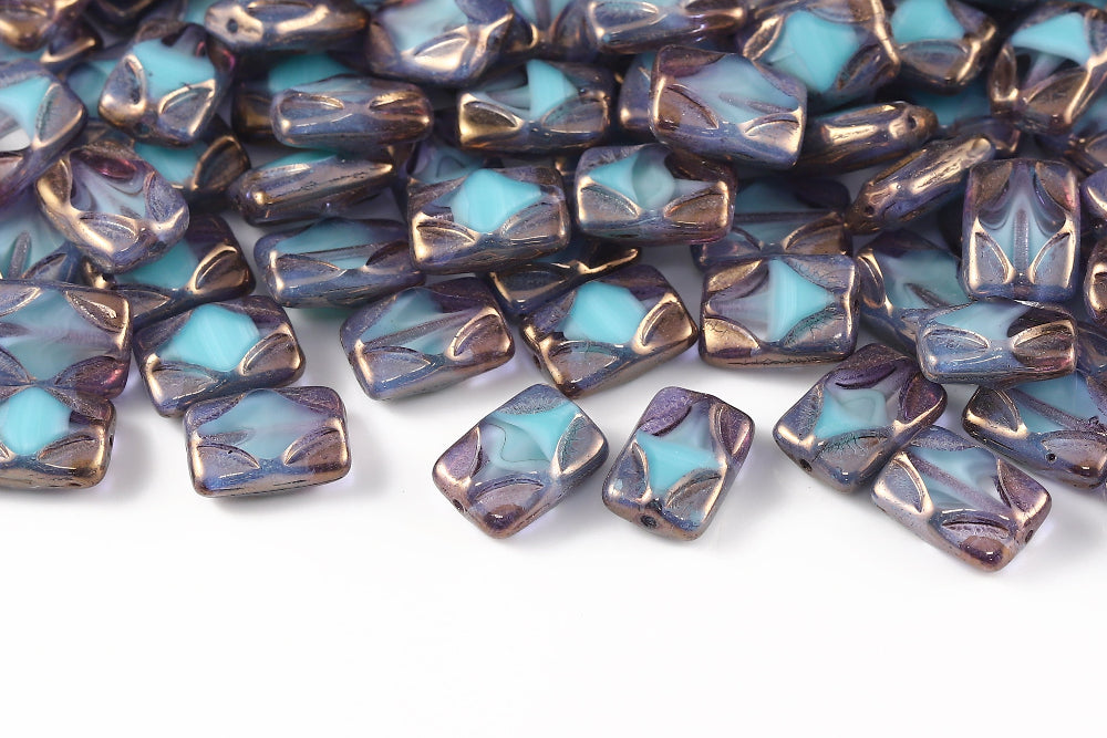 Window Rectangle 12×8mm Crystal Turquoise Mixed Violet Luster 1-Hole Czech Beads