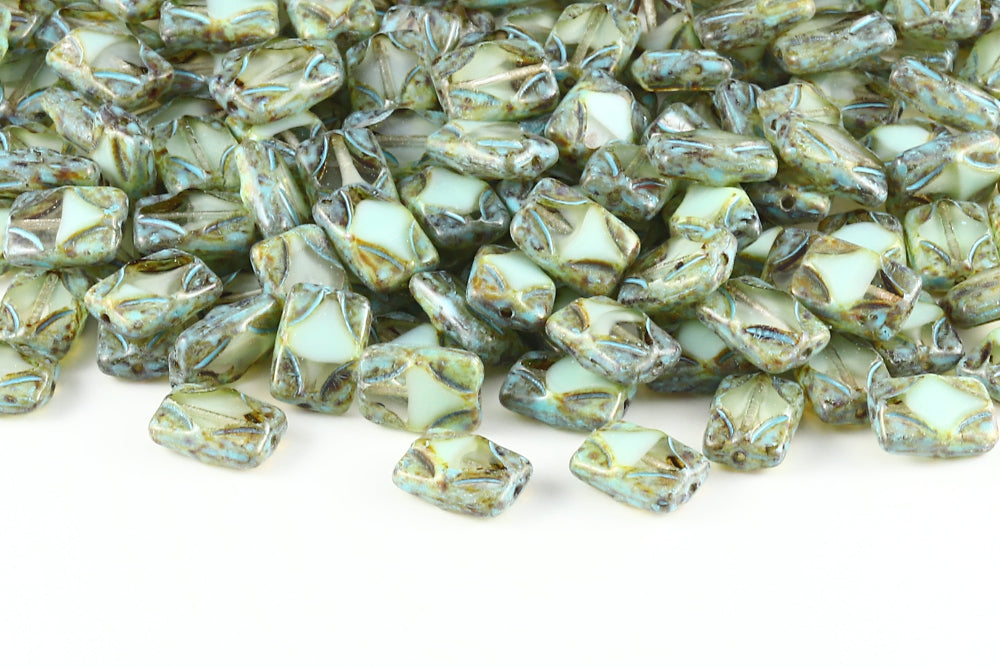 Window Rectangle 12×8mm Crystal Chrysolite Mixed Travertin Blue 1-Hole Czech Beads