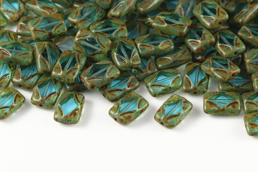 Window Rectangle 12×8mm Aquamarine Travertin 1-Hole Czech Beads