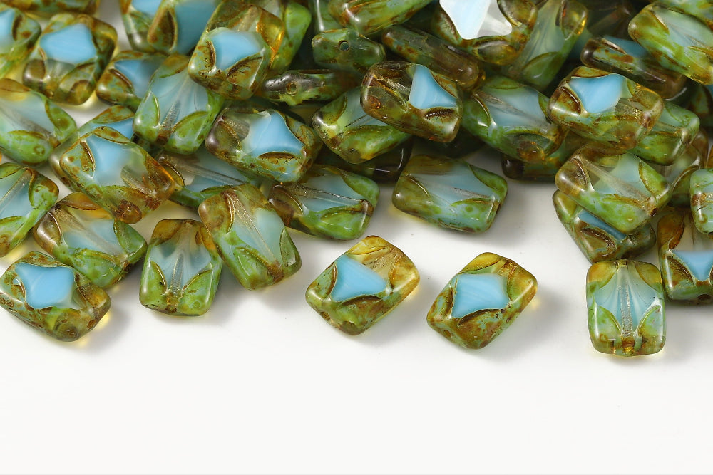 Window Rectangle 12×8mm Crystal&Opaque Aquamarine Travertin 1-Hole Czech Beads