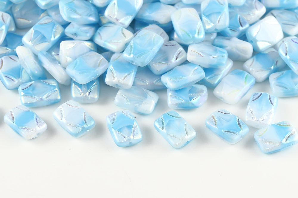 Window Rectangle 12×8mm White Opal&Silk Aquamarine AB Full 1-Hole Czech Beads
