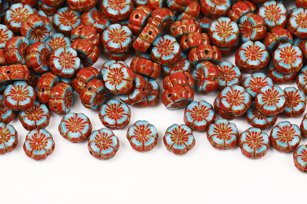 Hawaiian Flowers 8mm Silk Aqua Orange Finish 1-Hole Czech Beads
