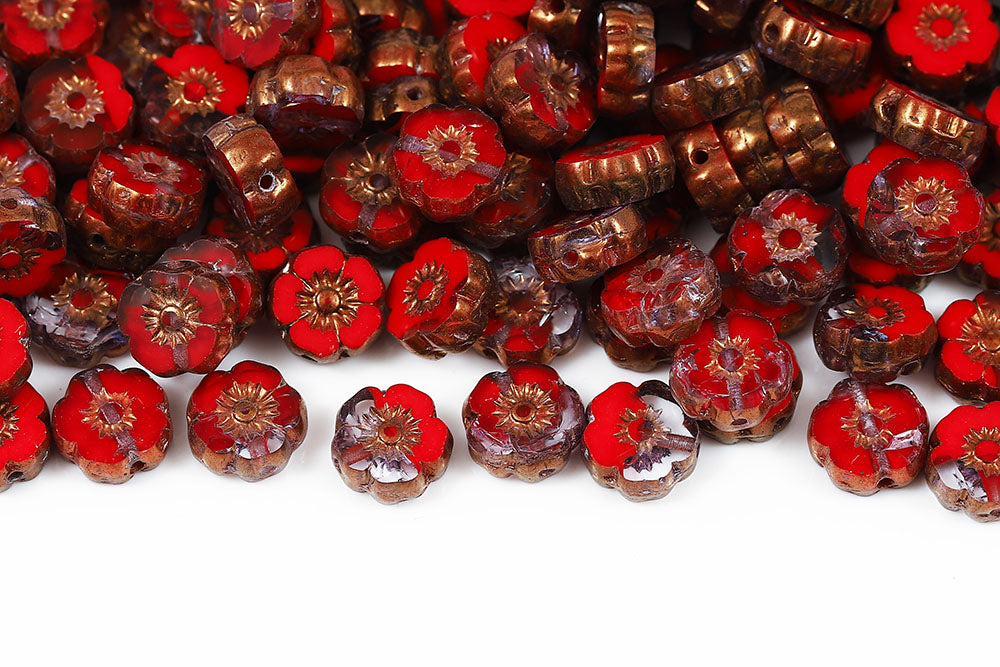 Hawaiian Flowers 8mm Crystal Red Mixed Violet Luster 1-Hole Czech Beads