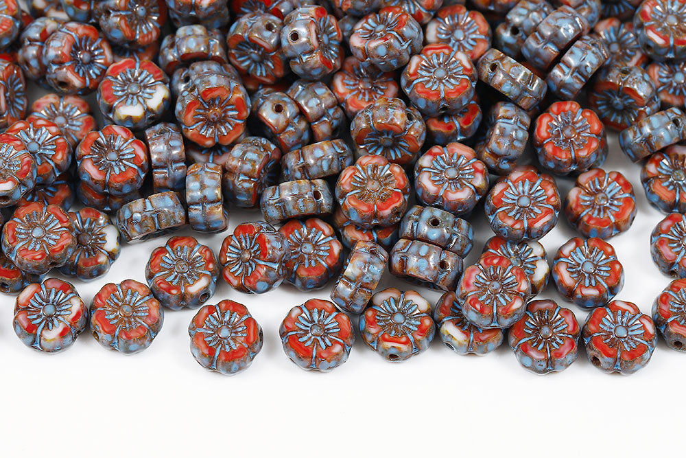 Hawaiian Flowers 8mm Red White Mixed Blue Finish 1-Hole Czech Beads