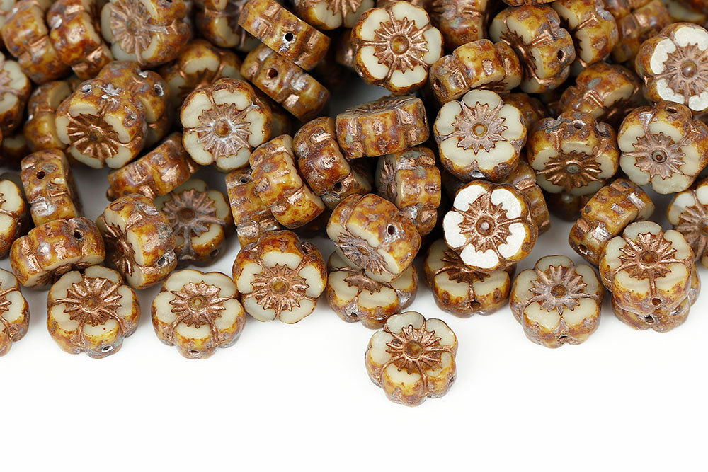 Hawaiian Flowers 10mm Opal Ivory Travertine With Copper 1-Hole Czech Beads