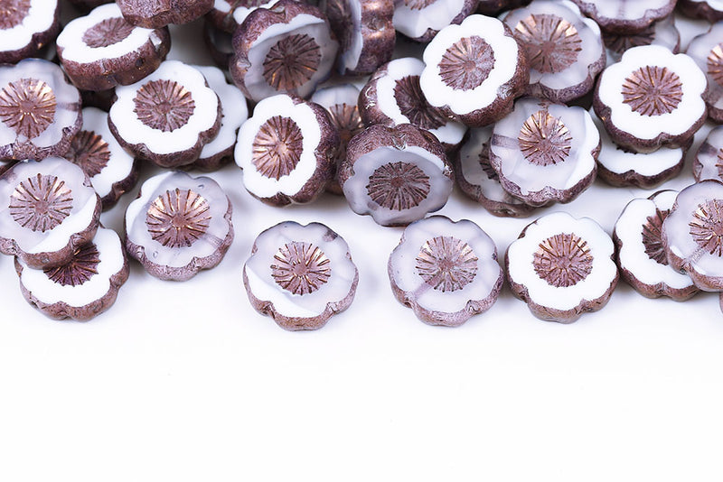 Hawaiian Flowers 14mm White Mixed Violet Luster 1-Hole Czech Beads