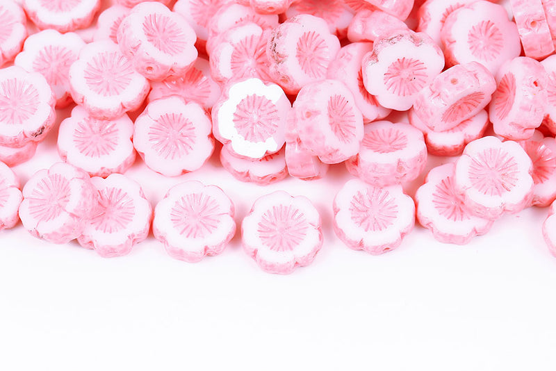 Hawaiian Flowers 14mm Chalk Pink Finish 1-Hole Czech Beads