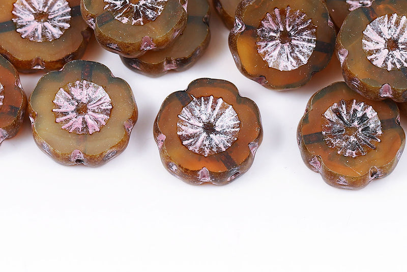 Hawaiian Flowers 14mm Opal Topaz Travertin With Pink 1-Hole Czech Beads