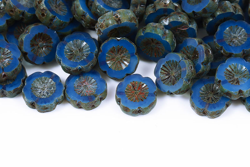Hawaiian Flowers 14mm Opal Blue Travertin 1-Hole Czech Beads