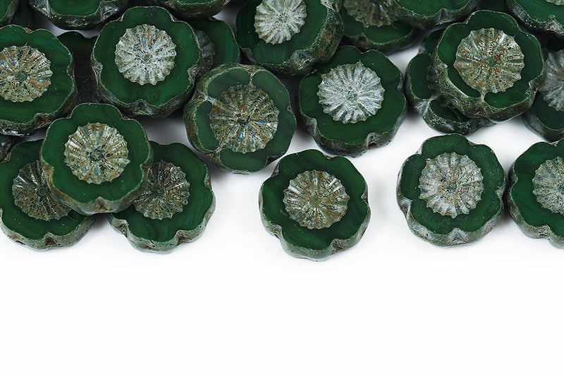 Hawaiian Flowers 14mm Dark Olivine Travertin 1-Hole Czech Beads