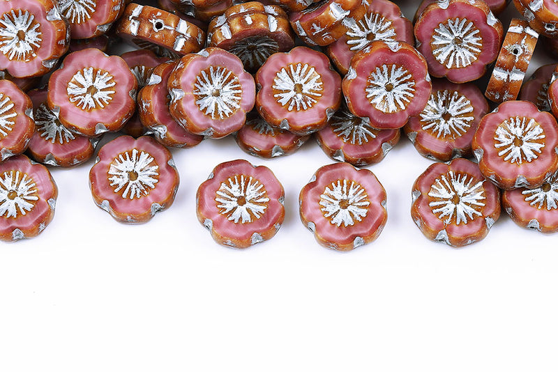 Hawaiian Flowers 14mm Silk Pink Travertin With Silver 1-Hole Czech Beads