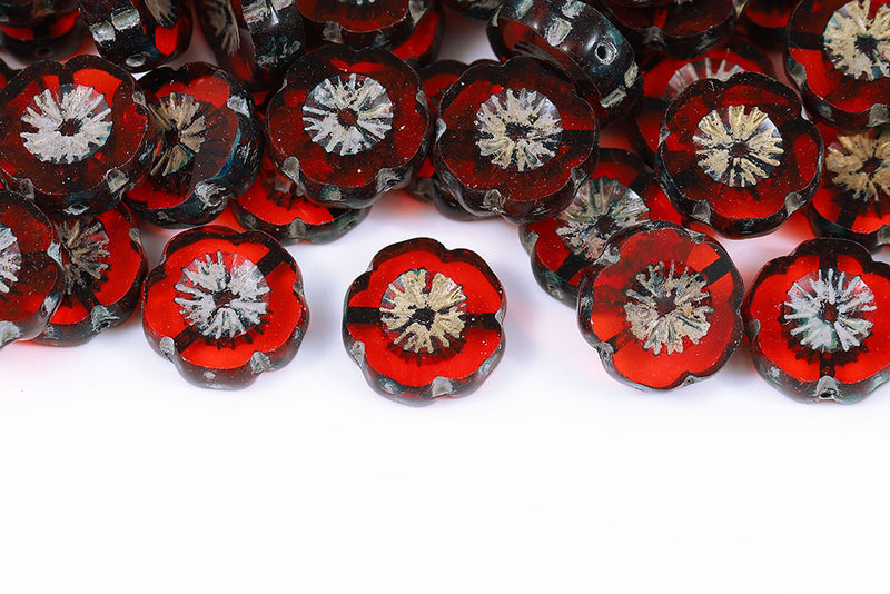 Hawaiian Flowers 14mm Lt.Siam Travertin With Gold 1-Hole Czech Beads