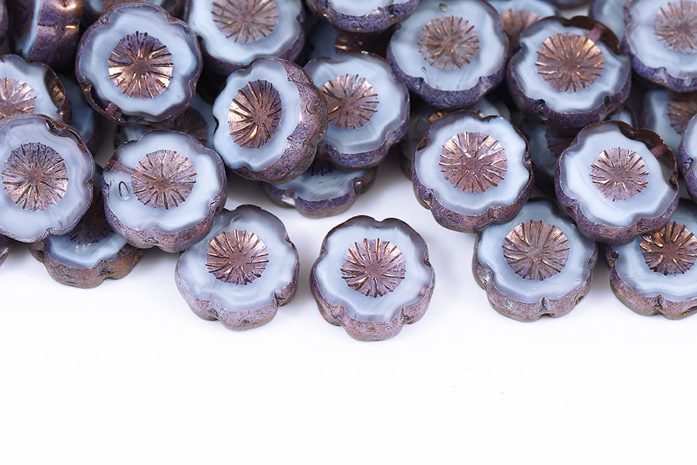 Hawaiian Flowers 14×14mm Blue Mixed Violet Luster 1-Hole Czech Beads