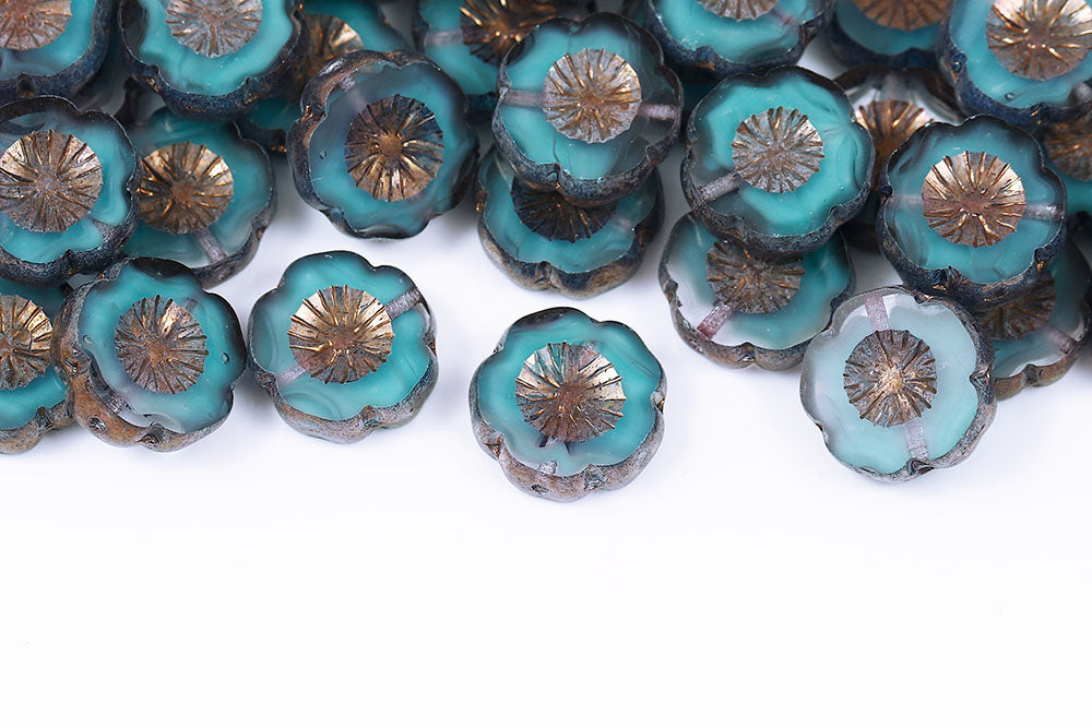Hawaiian Flowers 14×14mm Aqua Mixed Violet Luster 1-Hole Czech Beads
