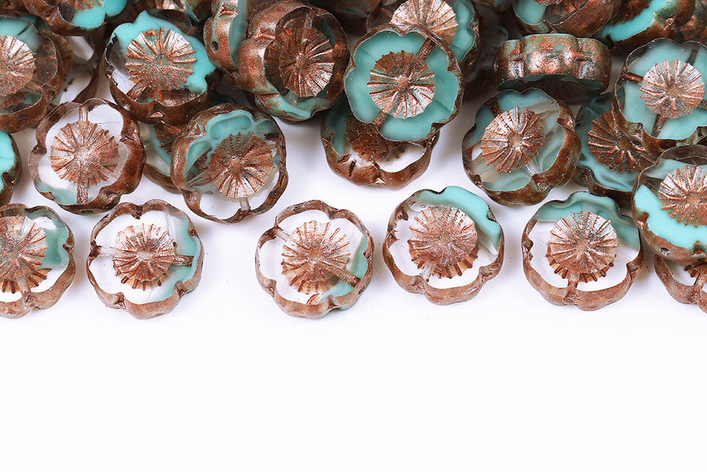 Hawaiian Flowers 14×14mm Aqua Mixed Copper Finish 1-Hole Czech Beads
