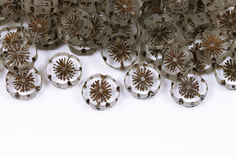 Hawaiian Flowers 14mm Crystal With Dark Brown Matt 1-Hole Czech Beads