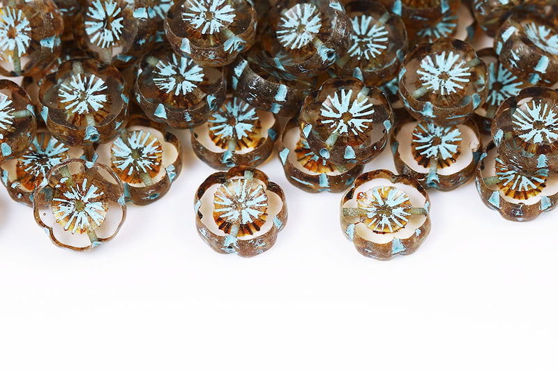 Hawaiian Flowers 14mm Crystal Travertin With Blue 1-Hole Czech Beads