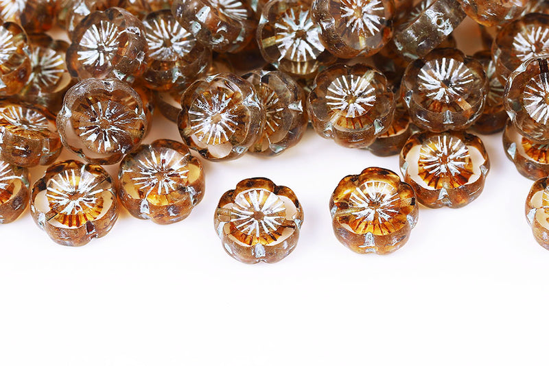 Hawaiian Flowers 14mm Crystal Travertin With Aqua 1-Hole Czech Beads