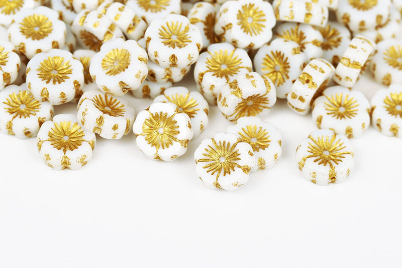 Hawaiian Flowers 14mm White With Gold 1-Hole Czech Beads