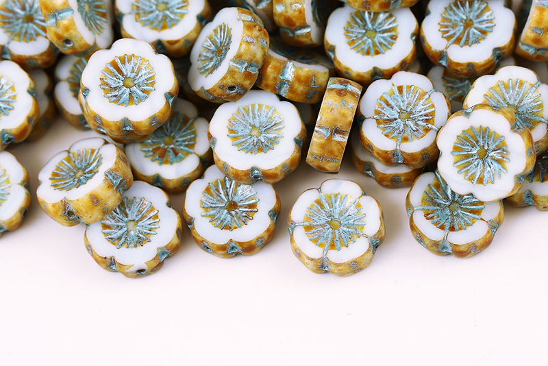 Hawaiian Flowers 14mm Chalk Travertin With Blue 1-Hole Czech Beads