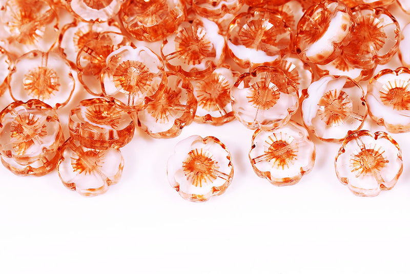 Hawaiian Flowers 14mm Crystal Chalk Mixed Orange Finish 1-Hole Czech Beads