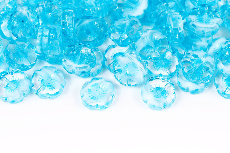 Hawaiian Flowers 14mm Crystal Chalk Mixed Aqua Finish 1-Hole Czech Beads