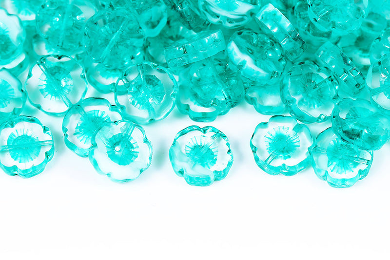 Hawaiian Flowers 14mm Crystal Chalk Mixed Cyan Finish 1-Hole Czech Beads