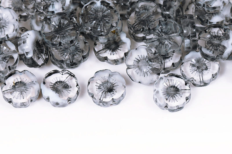 Hawaiian Flowers 14mm Crystal Chalk Mixed Gray Finish 1-Hole Czech Beads