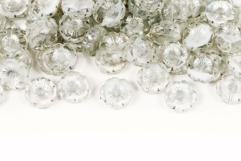Hawaiian Flowers 14mm Crystal Chalk Mixed SilverFinish 1-Hole Czech Beads