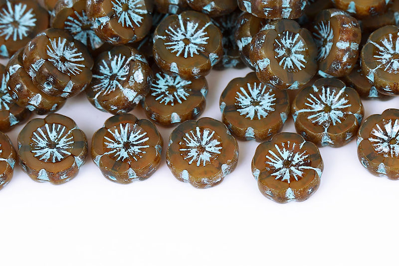Hawaiian Flowers 14mm Opal Topaz Travertin With Blue 1-Hole Czech Beads