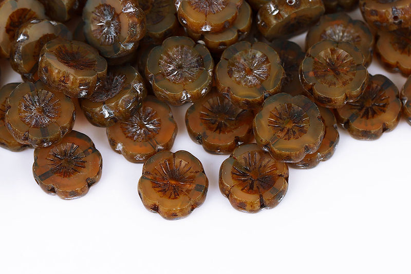 Hawaiian Flowers 14mm Opal Topaz Travertin 1-Hole Czech Beads