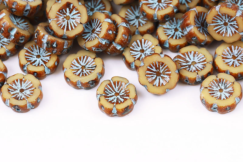 Hawaiian Flowers 14mm Ivory Travertin With Blue 1-Hole Czech Beads
