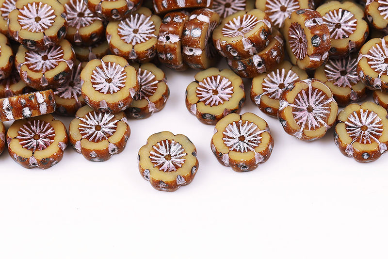 Hawaiian Flowers 14mm Ivory Travertin With Pink 1-Hole Czech Beads