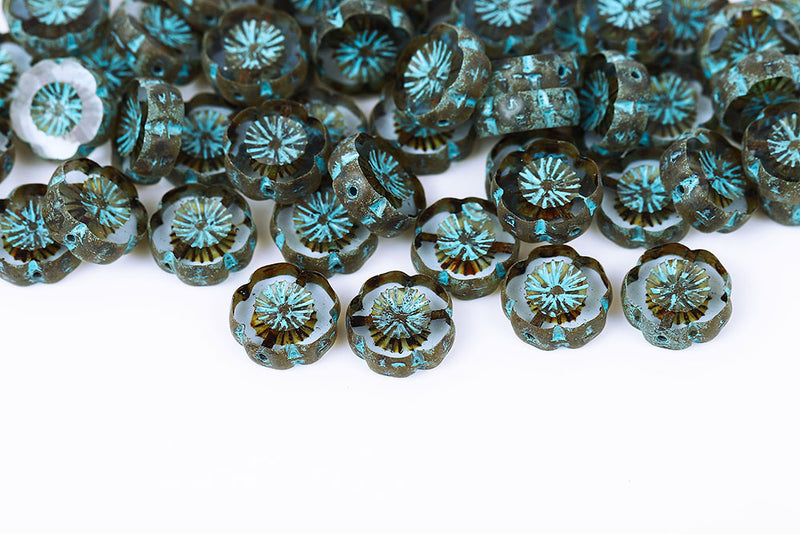 Hawaiian Flowers 14mm Lt.Sapphire Travertin With Blue 1-Hole Czech Beads