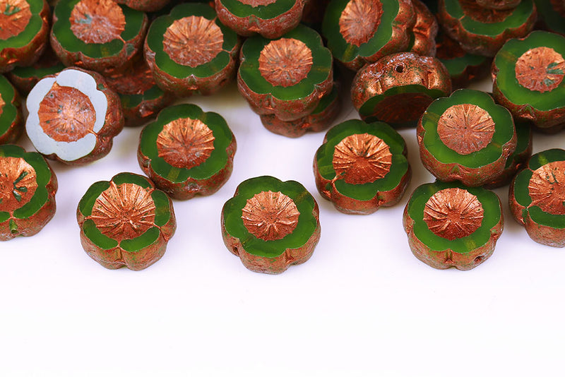 Hawaiian Flowers 14mm Opal Green Copper Finish 1-Hole Czech Beads