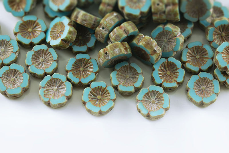 Hawaiian Flowers 14mm Turquoise Blue Travertin 1-Hole Czech Beads