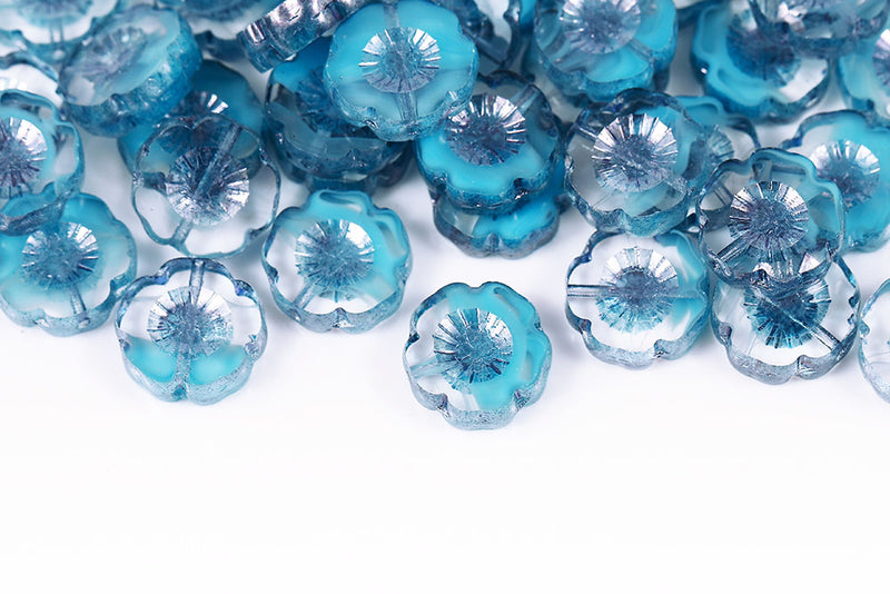 Hawaiian Flowers 14mm Crystal Aqua Mixed Blue Luster 1-Hole Czech Beads