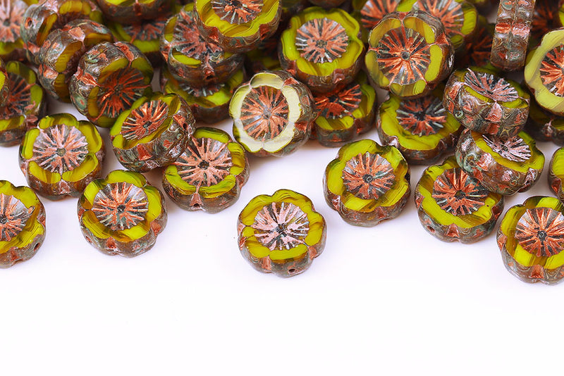 Hawaiian Flowers 14mm Opal Lemon Travertin With Copper 1-Hole Czech Beads