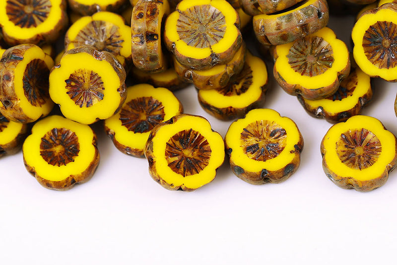 Hawaiian Flowers 14mm Lemon Travertin 1-Hole Czech Beads