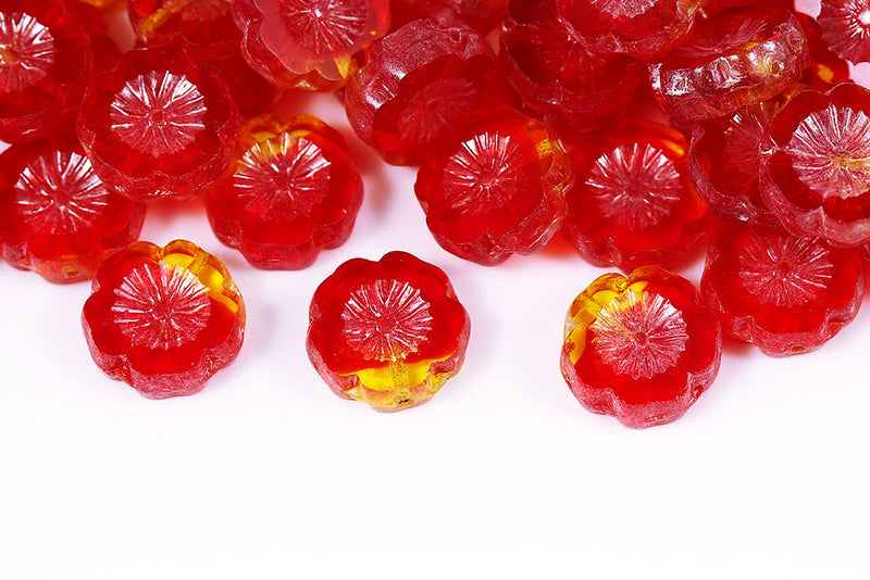 Hawaiian Flowers 14mm Siam Yellow Mixed Luster 1-Hole Czech Beads