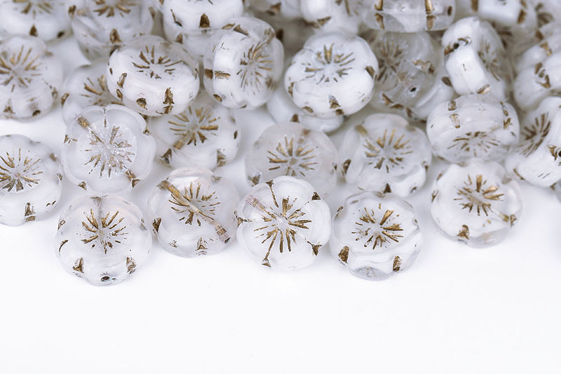 Hawaiian Flowers 14mm Crystal White Mixed With Gold 1-Hole Czech Beads