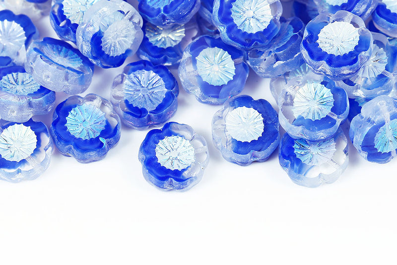 Hawaiian Flowers 14mm Crystal Sapphire Mixed AB Full 1-Hole Czech Beads