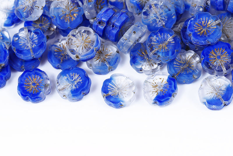 Hawaiian Flowers 14mm Crystal Sapphire Mixed With Gold 1-Hole Czech Beads