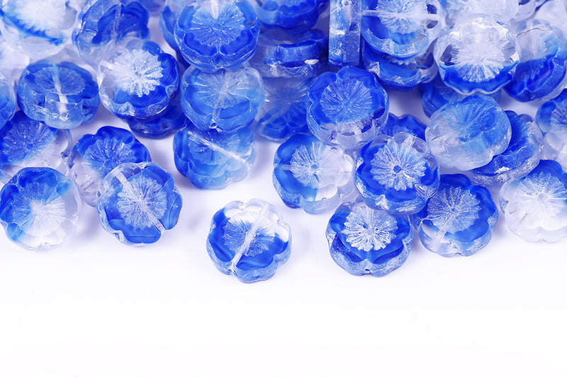 Hawaiian Flowers 14mm Crystal Sapphire Mixed 1-Hole Czech Beads