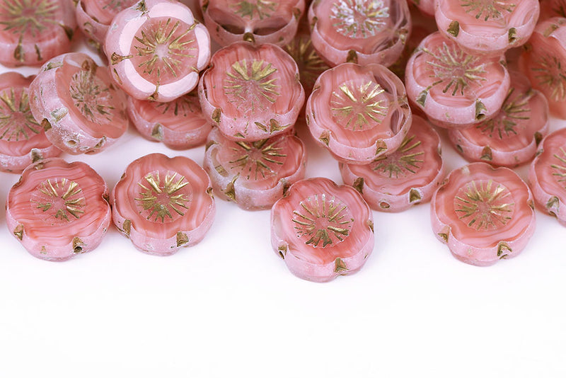 Hawaiian Flowers 14mm Crystal Pink Mixed With Gold 1-Hole Czech Beads