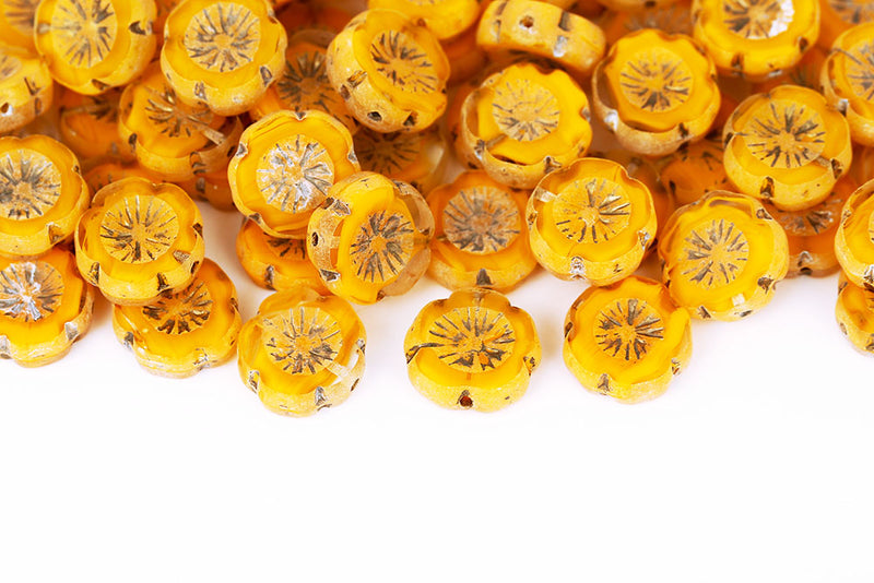 Hawaiian Flowers 14mm Crystal Orange Mixed With Gold 1-Hole Czech Beads