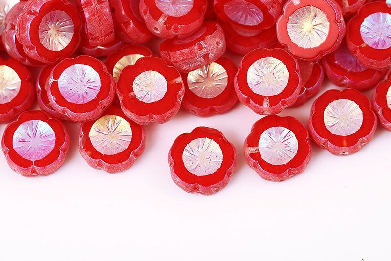Hawaiian Flowers 14mm Crystal Red Mixed AB Full 1-Hole Czech Beads