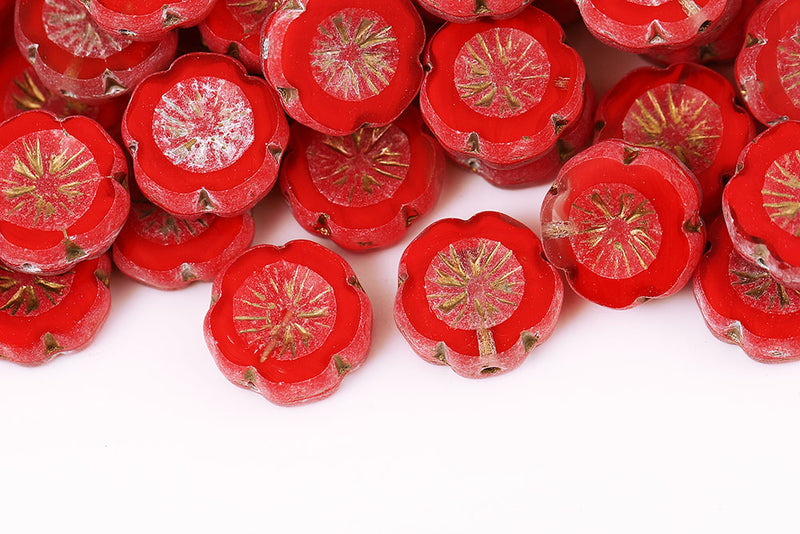 Hawaiian Flowers 14mm Crystal Red Mixed With Gold 1-Hole Czech Beads